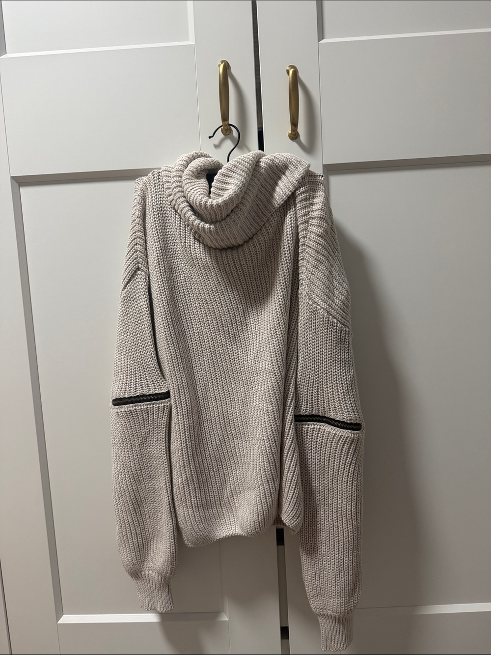 Vici Light Beige Cowl Neck Chunky Knit Sweater with Black Elbow Trim